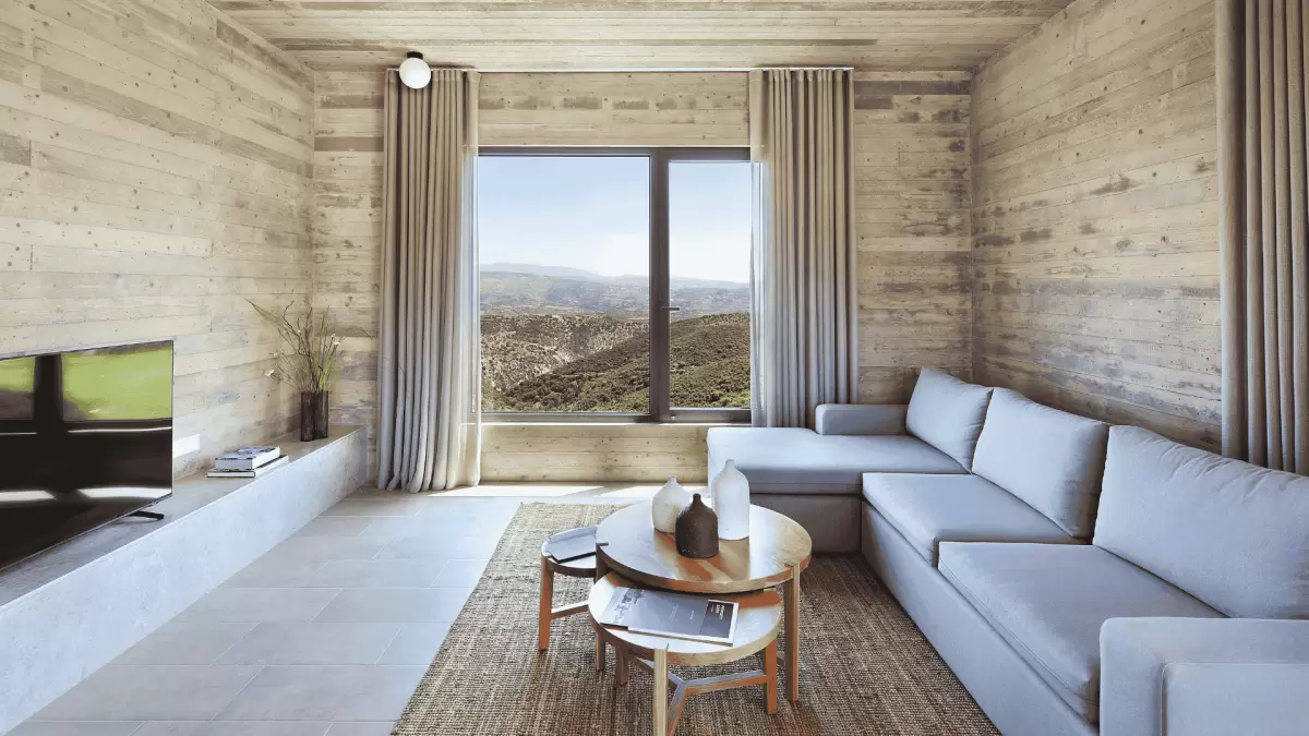 The view of the Paphos mountains from the living room of an Ezoua Suite property at Minthis