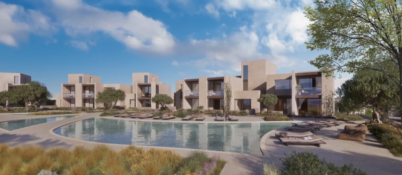 a 3D render of the pool area at Lofos, with luxury apartments for sale in the background.