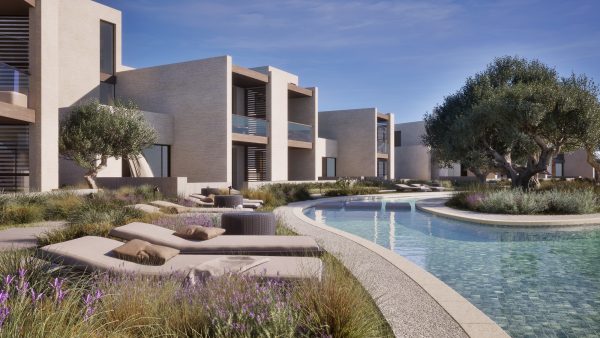 A 3D render of the apartments for sale in Paphos at Lofos.
