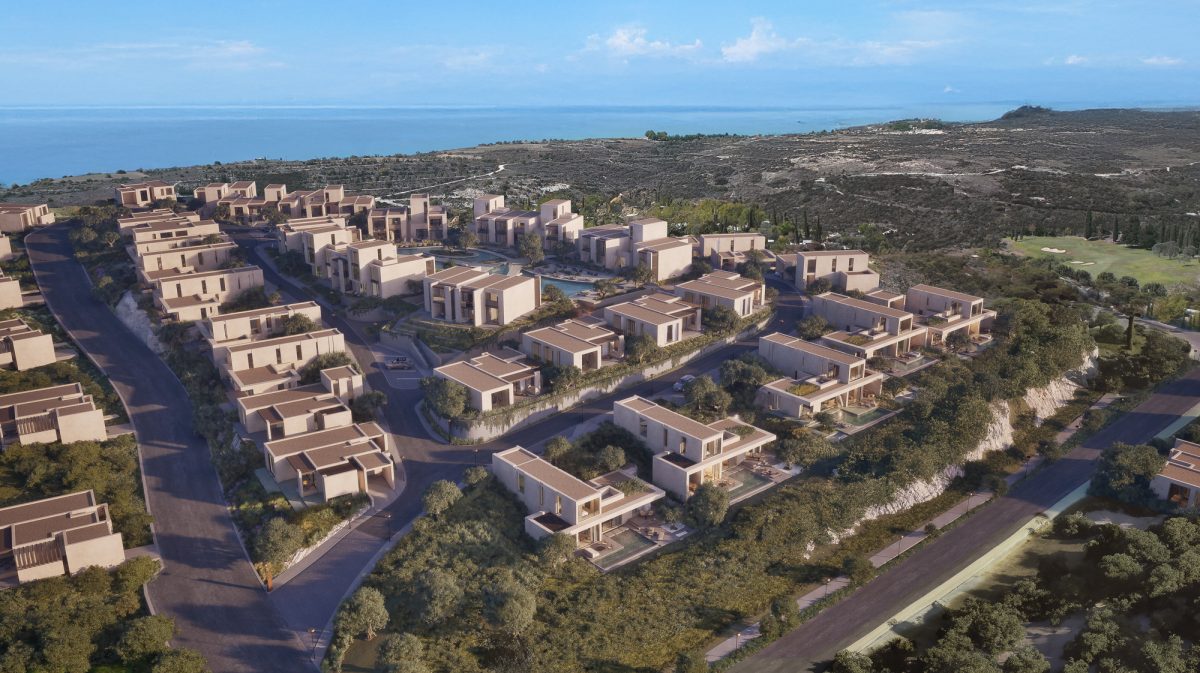 a 3D render of the Lofos masterplan. Luxury villas and apartments for sale in Cyprus.