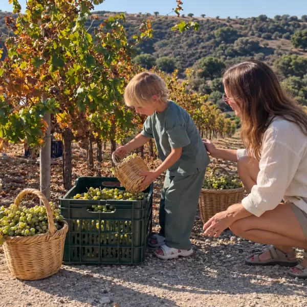 A young boy picking grapes at a vineyard in Cyprus