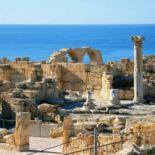 The Ancient Ruins at Kourion with the Mediterranean Sea visible in the background