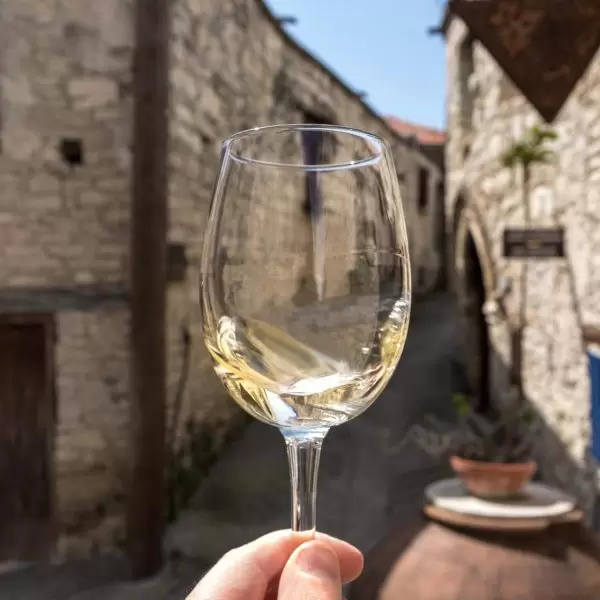 A wine glass is swirled in front of camera in the mountain village of Omodos